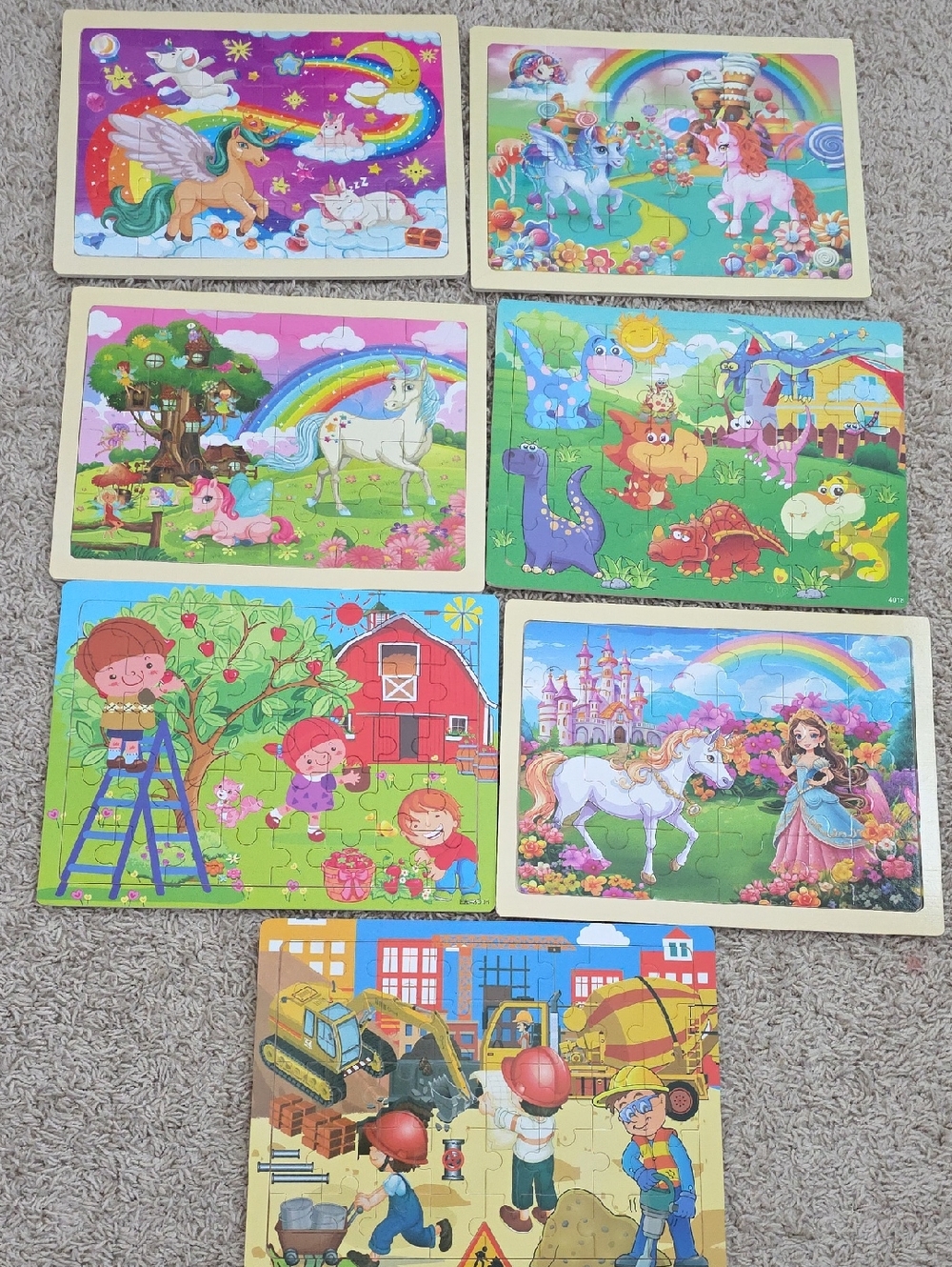 Kids Wooden Puzzle Set - Colorful Rainbow Unicorn & Farm Scenes